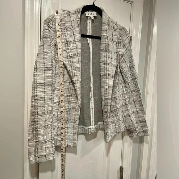 Elle Cream Black Gray Cotton Tweed Lightweight Unlined Open Front Blazer Size S - Picture 8 of 12